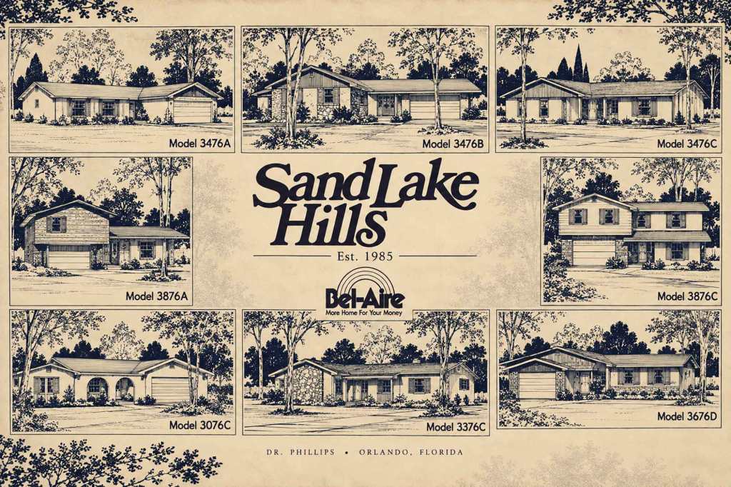 A vintage advertisement showcasing various home models from Sand Lake Hills, established in 1985. The image features eight detailed illustrations of different house designs, each labeled with model numbers.