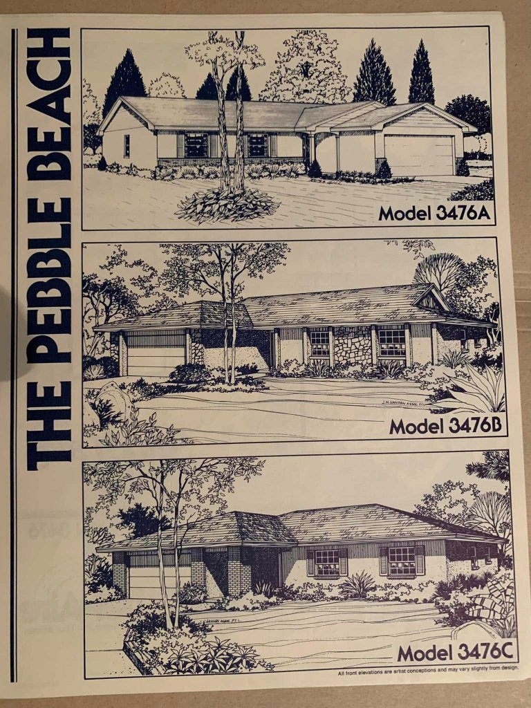 Black and white illustration of three house models, labeled Model 3476A, Model 3476B, and Model 3476C, displayed with landscaping details.