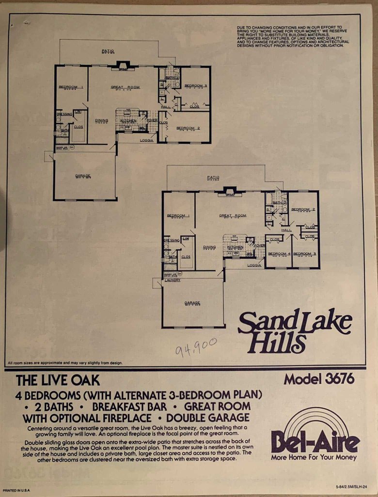 Floor plan for 'The Live Oak' model 3676 featuring 4 bedrooms, 2 baths, a great room, breakfast bar, and optional fireplace. Includes details about garage and patio.