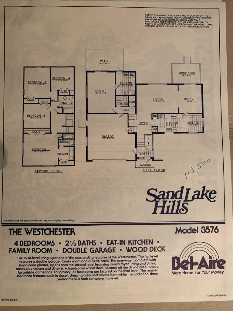 Architectural floor plan for the Westchester model in Sand Lake Hills, featuring 4 bedrooms, 2.5 baths, an eat-in kitchen, family room, double garage, and wood deck.