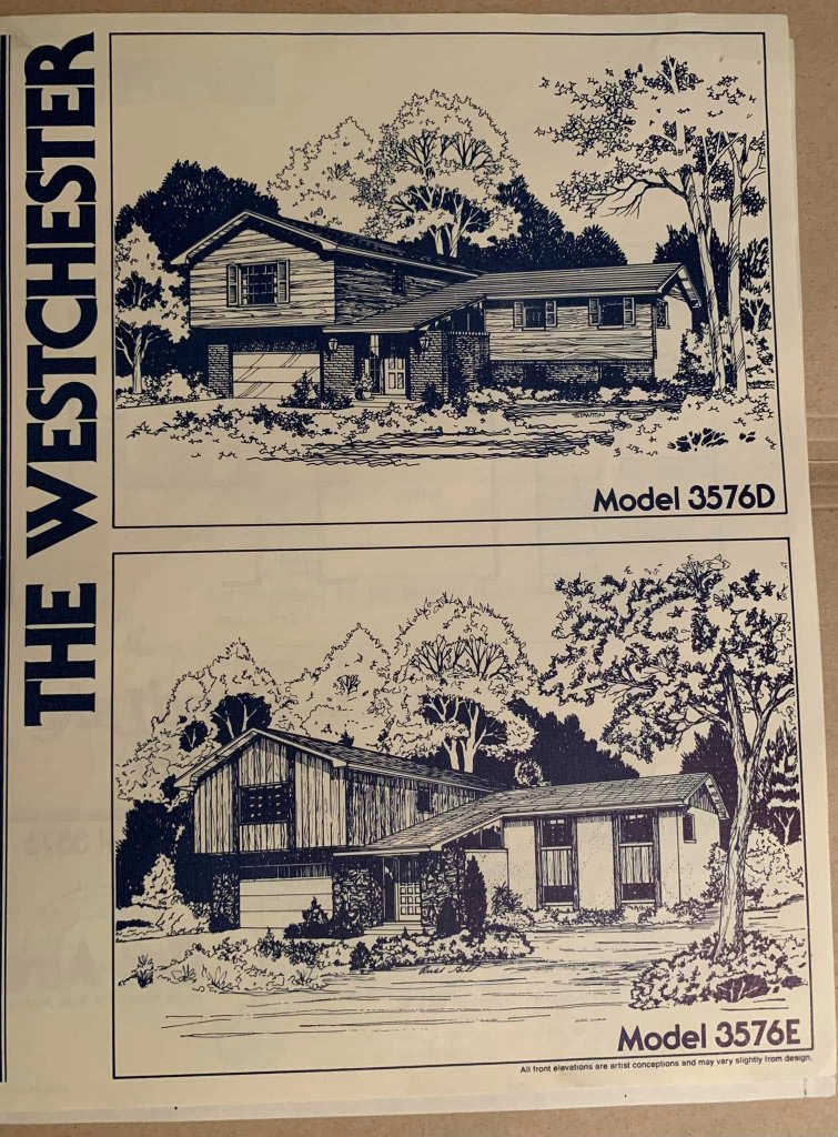 Illustration of two architectural designs for 'The Westchester' model homes, featuring Model 357D on top and Model 357E below.