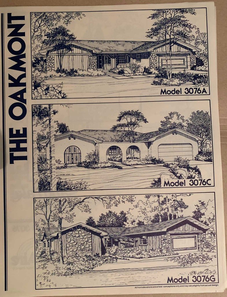 Architectural illustration featuring three models of homes titled 'The Oakmont.' The top model is labeled 3076A, the middle model is labeled 3076C, and the bottom model is labeled 3076G. Each house showcases unique designs and landscaping details.