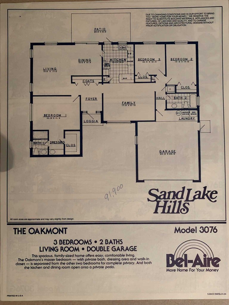 Architectural floor plan of 'The Oakmont' model, featuring 3 bedrooms, 2 baths, living room, and a double garage. Includes labeled areas for kitchen, dining, family room, and patio.