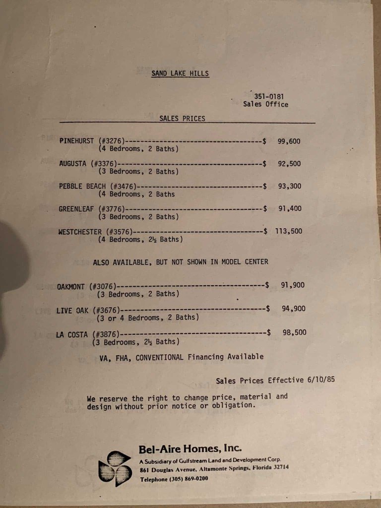 Image of a sales price list for Sand Lake Hills housing, detailing various models with prices, number of bedrooms, and bathrooms.