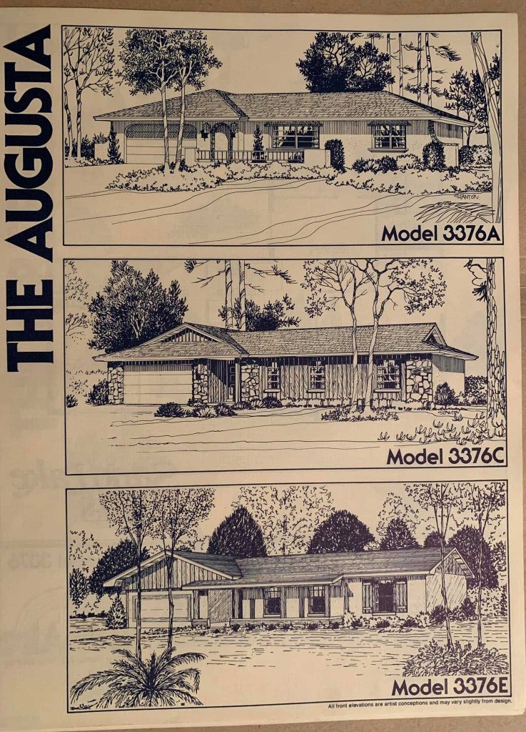 Illustration of three house models named Augusta, showing different architectural designs and layouts: Model 3376A at the top, Model 3376C in the middle, and Model 3376E at the bottom, with trees and landscaping included.