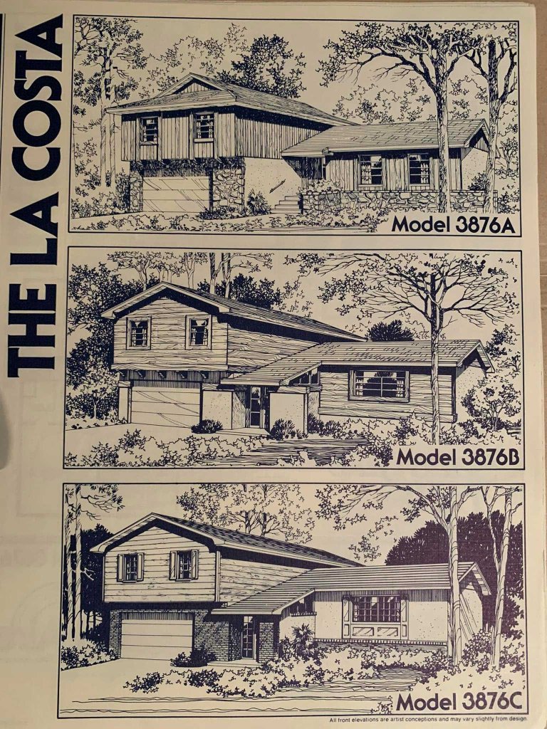 Illustration of three house designs titled 'The La Costa', showcasing Model 3876A, Model 3876B, and Model 3876C with different architectural features.