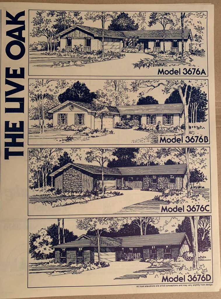 Illustration of four architectural designs for the Live Oak houses, labeled Models 3676A, 3676B, 3676C, and 3676D.