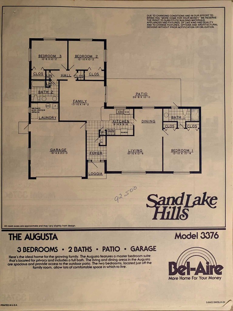 Floor plan for 'The Augusta' model home, featuring 3 bedrooms, 2 baths, a patio, and a garage, labeled with room dimensions.