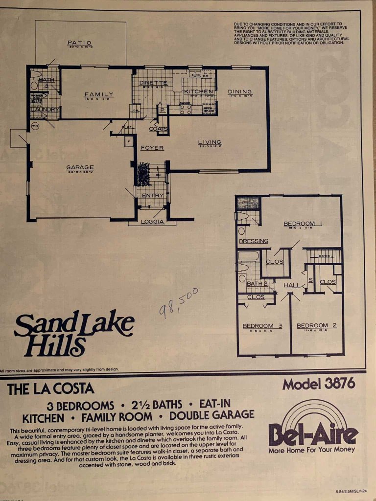 Floor plan for 'The La Costa' model in Sand Lake Hills featuring 3 bedrooms, 2.5 baths, an eat-in kitchen, family room, and double garage.