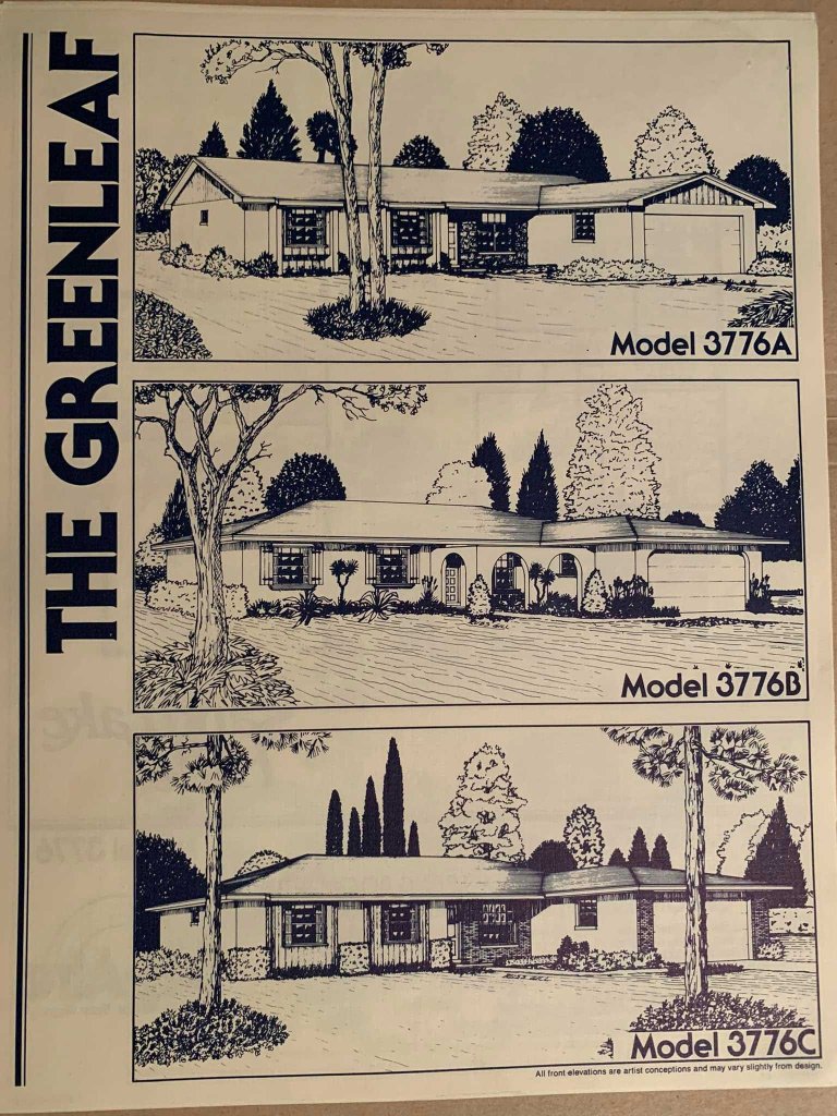 Illustration of three different home designs labeled Model 3776A, Model 3776B, and Model 3776C, showing front elevations with landscaped surroundings.