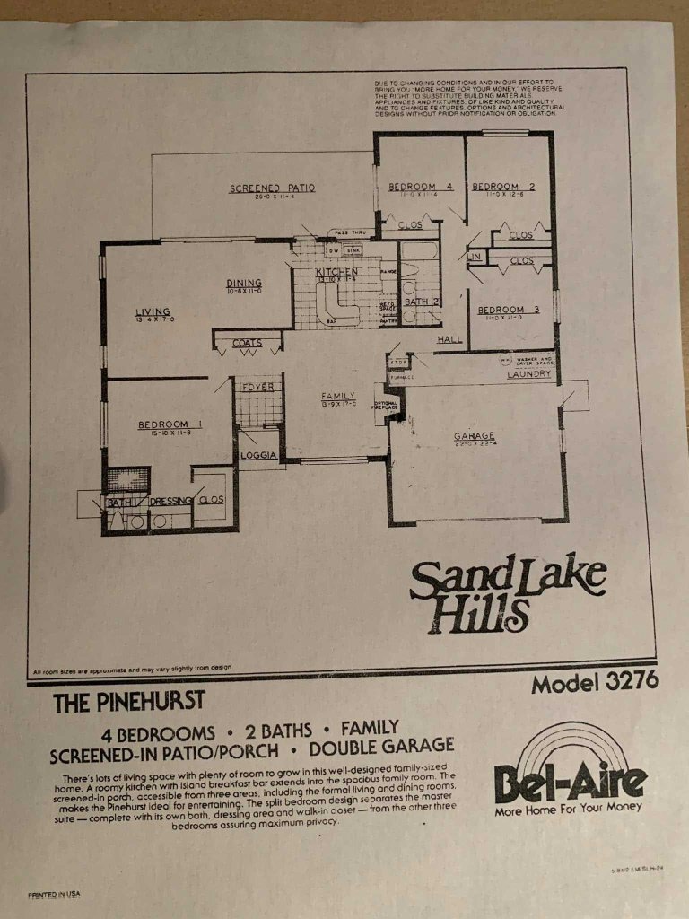 Blueprint of 'The Pinehurst' model home, featuring 4 bedrooms, 2 bathrooms, a family room, screened-in patio, and double garage, labeled with room dimensions and layout details.